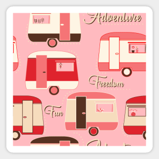 Repeat pattern of vintage caravans in retro colours on pink Sticker